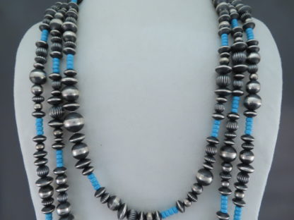 Oxidized Sterling Silver & Turquoise Bead Necklace (90″ LONG)