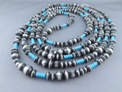 Oxidized Sterling Silver & Turquoise Bead Necklace (90″ LONG)