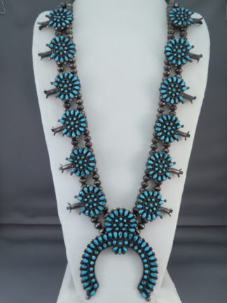 Native American Jewelry - Vintage Zuni Morenci Turquoise Squash Blossom Necklace $8,950- FOR SALE
