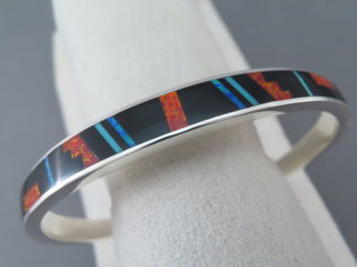Black Jade & Opal Inlay Cuff Bracelet by Native American (Navajo) jewelry artist, Charles Willie $435- FOR SALE