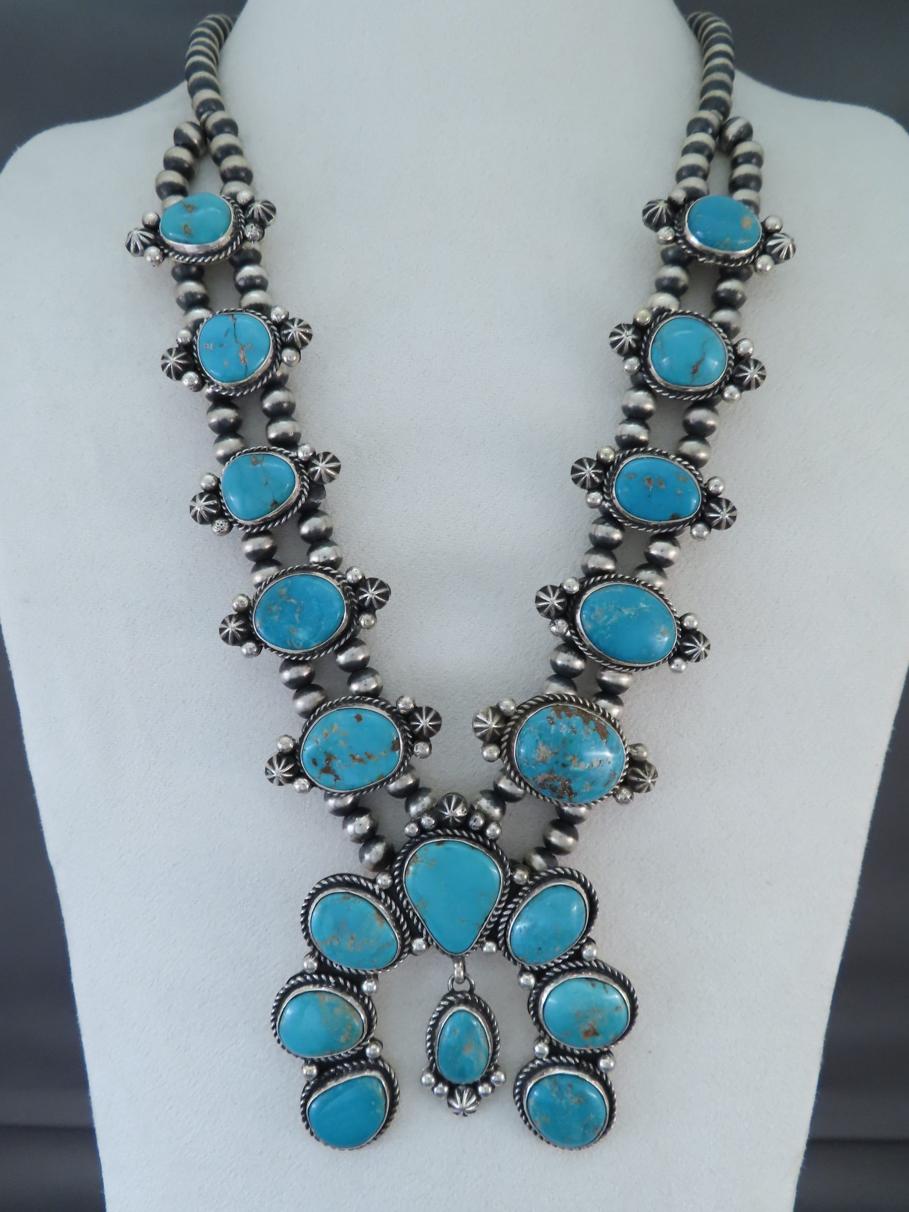 Fox Turquoise Squash Blossom Necklace & Earring Set by Native American Navajo Indian Jewelry Artist, Linda Yazzie $2,950- FOR SALE