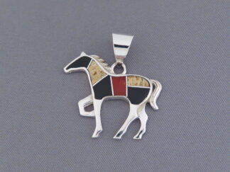 Multi-Stone with Coral Inlay HORSE Pendant by Native American jewelry artist, Tim Charlie FOR SALE $190-