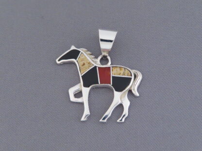 Multi-Stone Inlay Horse Pendant Featuring Coral (Medium-Size)