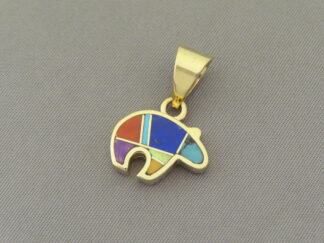 Shop Gold Bear - Smaller Multi-Color Inlay Gold BEAR Slider Pendant by Native American jeweler, Peterson Chee $795- FOR SALE