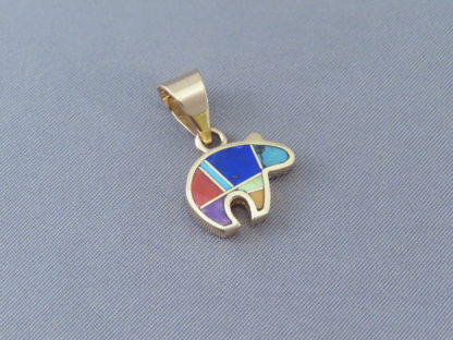 Gold Bear Pendant with Multi-Color Inlay