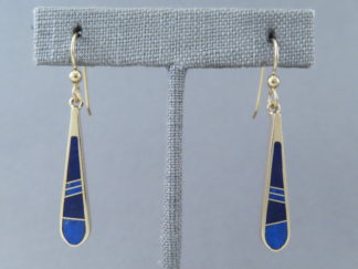Lapis & Gold Earrings - Long 14kt Gold Earrings with Lapis Inlay by Native American jewelry artist, Tim Charlie FOR SALE $1,150-