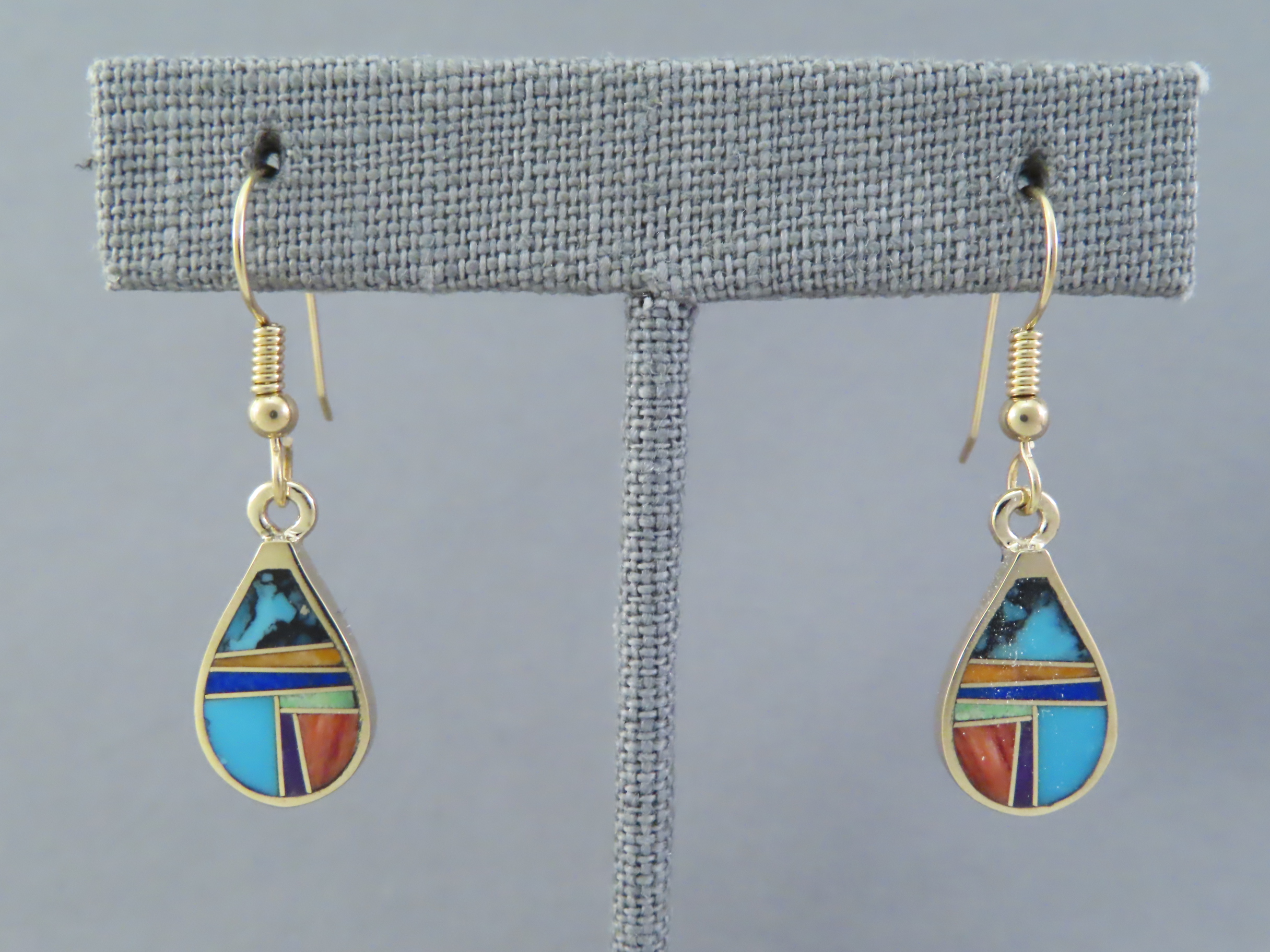 Gold Earrings - Multi-Color Inlay Earrings (teardrops) by Native American jewelry artist, Peterson Chee FOR SALE $995-
