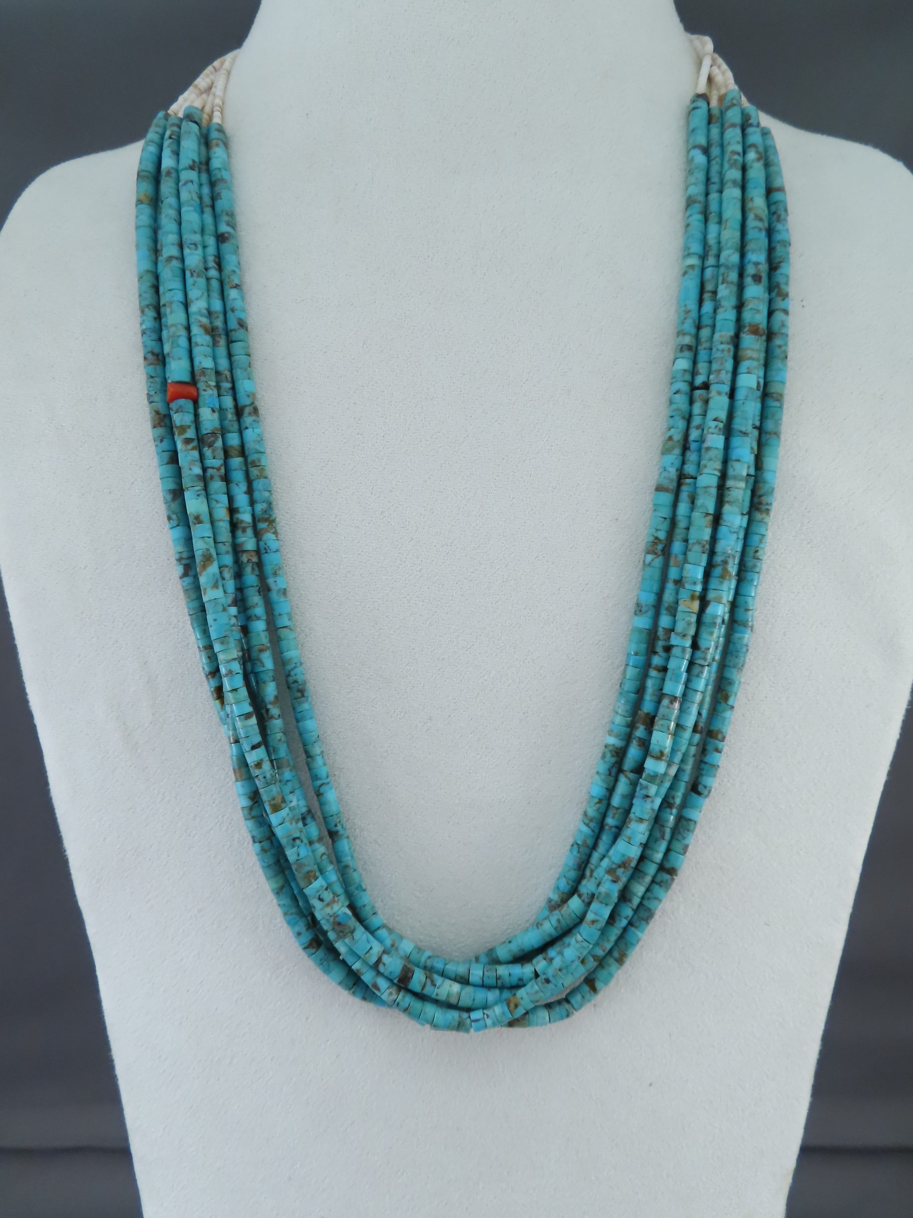For Sale - 7-Strand Number Eight Turquoise Necklace with Hei-Shi by Native American Indian jewelry artist, Lita Atencio $995-