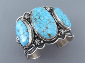 Turquoise Jewelry - BIG 3-Stone Kingman Turquoise Bracelet Cuff by Navajo Indian jeweler, Happy Piasso $1,995- FOR SALE