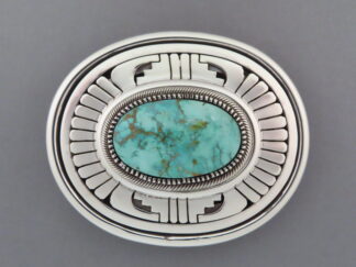 Sterling Silver & Turquoise Mountain Turquoise Belt Buckle by Native American jewelry artist, Leonard Nez $1,150- FOR SALE
