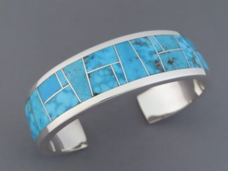 Shop Turquoise Jewelry - Wider Kingman Watermark Turquoise Inlay Bracelet Cuff by Native American Jeweler, Peterson Chee FOR SALE $755-