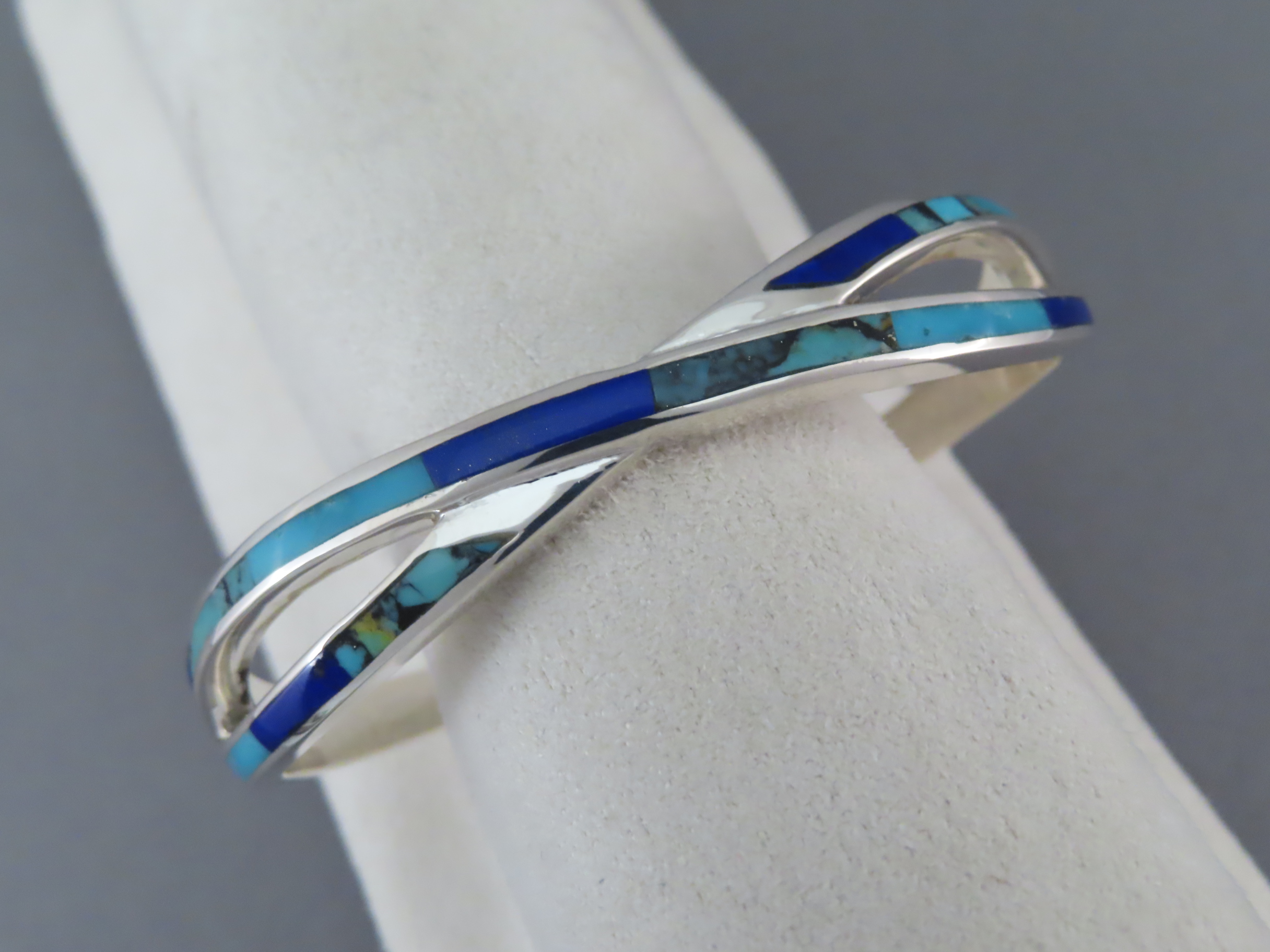Turquoise Jewelry - Turquoise & Lapis Inlay Cuff Bracelet by Native American jeweler, Charles Willie FOR SALE $425-
