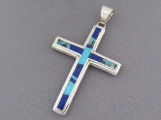 Shop Native American Jewelry - Larger Turquoise & Lapis Inlay Cross Pendant by Navajo jeweler, Pete Chee FOR SALE $255-
