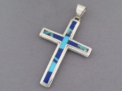 Turquoise & Lapis Inlay Cross Pendant (Larger)