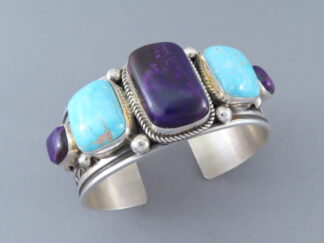 Native American Jewelry - Morenci Turquoise & Sugilite Cuff Bracelet by Navajo jeweler, Albert Jake $1,450- FOR SALE