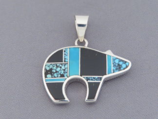 Buy Inlaid Bear - Black Jade & Turquoise Inlay BEAR Pendant by Native American Jewelry Artist, Peterson Chee FOR SALE $260-