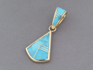 Shop Turquoise & Gold Jewelry - Turquoise Inlay 14kt Gold Slider Pendant by Native American jeweler, Charles Willie FOR SALE $1,450-