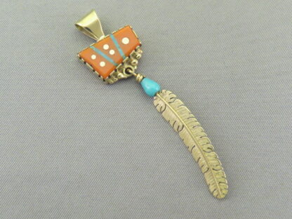 Boyd Tsosie 14kt Gold Feather Pendant with Inlay