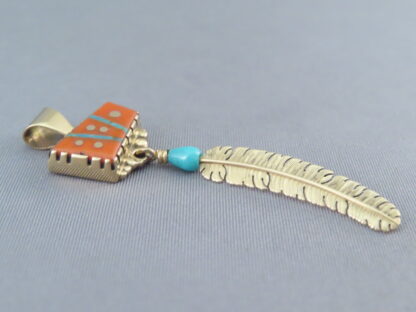 Boyd Tsosie 14kt Gold Feather Pendant with Inlay