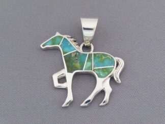 Buy Inlaid Horse - Green Sonoran Gold Turquoise Inlay HORSE Pendant by Native American Jeweler, Tim Charlie FOR SALE $215-