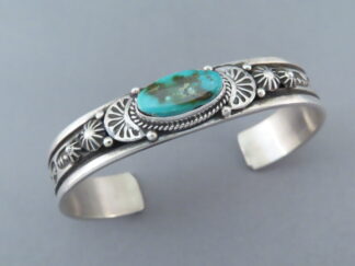 Turquoise Jewelry - Narrow Royston Turquoise Cuff Bracelet by Navajo Indian jeweler, Happy Piasso FOR SALE $360-
