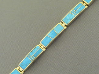 Gold Turquoise Bracelet - Kingman Turquoise Link Bracelet in 14kt Gold by Native American Indian jeweler, Tim Charlie FOR SALE $4,950-