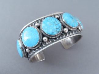 Turquoise Jewelry - 5-Stone Kingman Turquoise Cuff Bracelet by Navajo jeweler, Andy Cadman FOR SALE $1,150-