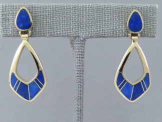 Lapis & Gold Earrings - 14kt Gold with Lapis Inlay Earrings by Native American jeweler, Peterson Chee FOR SALE $1,750-