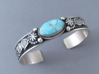Shop Turquoise Jewelry - Narrow Kingman Turquoise Cuff Bracelet by Native American jeweler, Darrell Cadman FOR SALE $395-