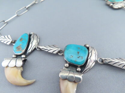 Vintage Squash Blossom Necklace with Blue Gem Turquoise & Bear Claws