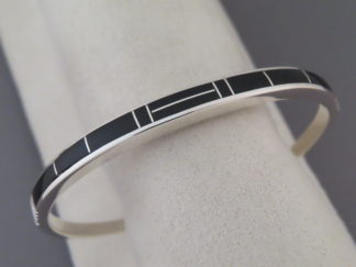 Shop Native American Jewelry - Sterling Silver & Black Jade Inlay Bracelet Cuff by Navajo jeweler, Tim Charlie FOR SALE $255-