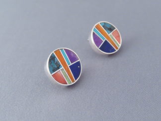 Shop Colorful Earrings - Round Inlaid Multi-Color Earrings (Studs) by Native American jeweler, Pete Chee FOR SALE $195-