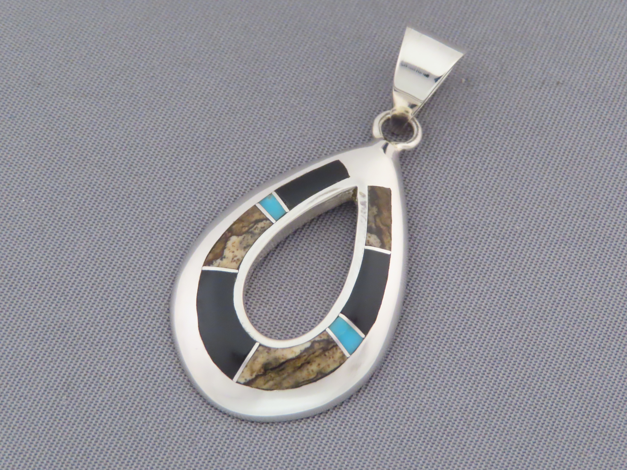 Details about    Sterling Silver Teardrop Shaped Pendant W Chip Turquoise & Coral Inlay 