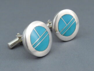 Shop Turquoise CuffLinks - Round Turquoise Inlay CuffLinks by Native American (Navajo) jeweler, Charles Willie FOR SALE $225-