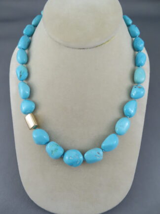 Sleeping Beauty Turquoise & Gold Necklace by Native American jewelry artists, Curtis Pete & Pilar Lovato $3,995- FOR SALE