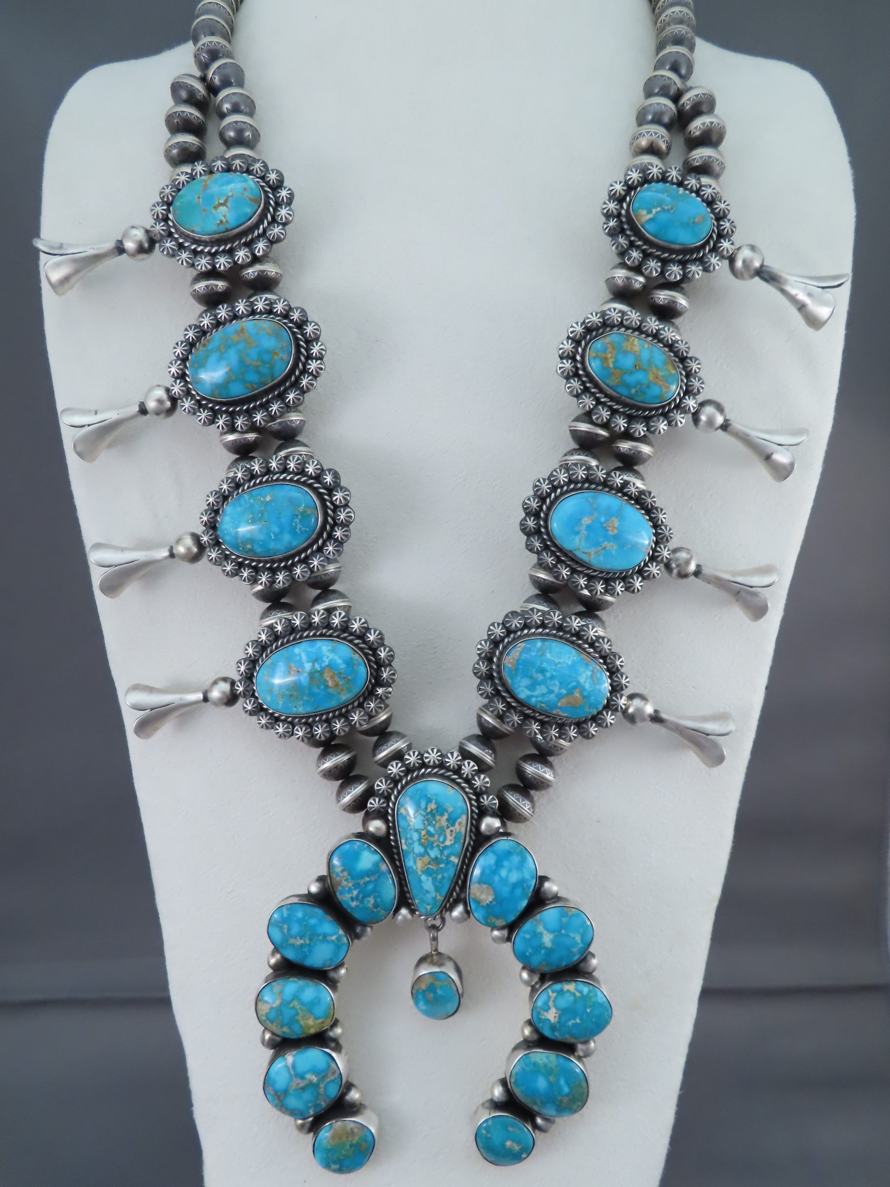 Navajo Green Turquoise Bead and Large Silver Squash Blossom Necklace