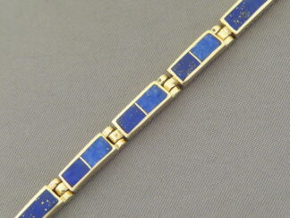 Gold Bracelet - Lighter-Weight 14kt Gold Lapis Inlay Link Bracelet by Native American jewelry artist, Tim Charlie FOR SALE $3,450-