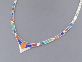 Inlay Necklace - Multi-Color Inlay Necklace in Sterling Silver by Native American jeweler, Charles Willie FOR SALE $750-