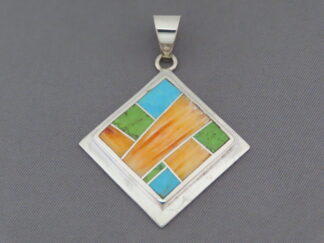 Shop Inlaid Jewelry - Colorful Multi-Stone Inlay Pendant (diamond-shaped) by Native American jeweler, Tim Charlie $195- FOR SALE
