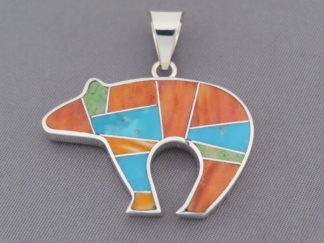 Native American Jewelry - Colorful Multi-Stone Inlay BEAR Pendant by Navajo jeweler, Tim Charlie $275- FOR SALE