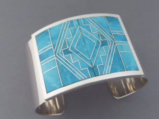 Native American Jewelry - Wide Finely-Inlaid Turquoise Inlay Bracelet Cuff by Navajo jeweler, Tim Charlie FOR SALE $1,200-