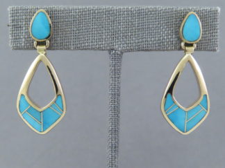 Shop Gold & Turquoise Jewelry - 14kt Gold Earrings with Turquoise Inlay by Native American jeweler, Peterson Chee $1,750- FOR SALE