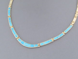 Turquoise & Gold Necklace - Turquoise Inlay Necklace in 14kt Gold by Native American jeweler, Tim Charlie FOR SALE $6,950-