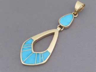 Gold & Turquoise Jewelry For Sale - Larger Turquoise Inlay Pendant in 14kt Gold