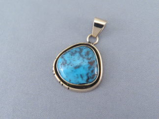 Bisbee Turquoise Gold Pendant by Native American Indian jewelry artist, Leonard Nez (Navajo) FOR SALE $1,695-