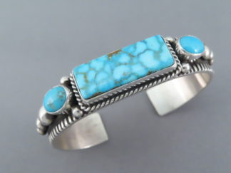 Turquoise Jewelry - Cuff Bracelet with Sleeping Beauty Turquoise & Kingman Turquoise by Navajo Indian jeweler, Guy Hoskie FOR SALE $495-