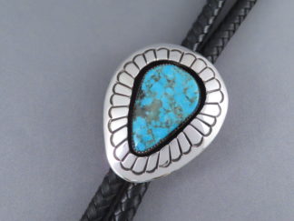 Turquoise Jewelry - Sterling Silver Bolo Tie with Morenci Turquoise by Navajo jeweler, Gene Jackson FOR SALE $895-