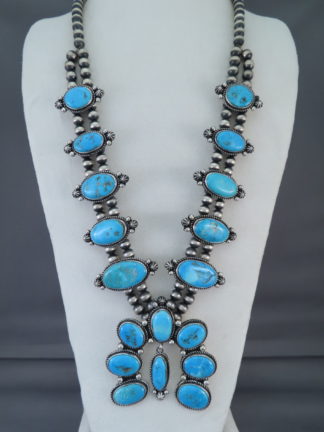 Buy Turquoise Squash Necklace - Blue Gem Turquoise Squash Blossom Necklace by Navajo Jewelry Artist, Linda Yazzie FOR SALE $4,950-