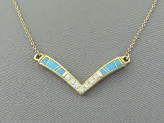 14kt Gold Necklace with Diamonds and Turquoise Inlay by Native American (Navajo) jeweler, Peterson Chee $1,550- FOR SALE