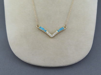Diamond & Turquoise Inlay Necklace in 14kt Gold